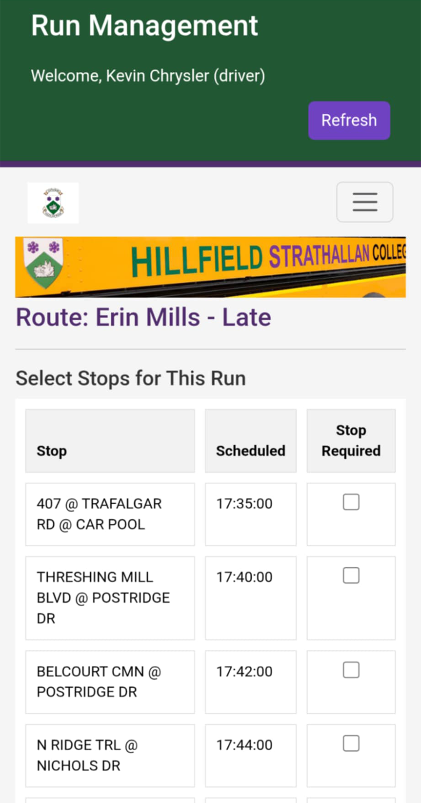 List of stops with checkboxes allowing the driver to choose which stops will be included in the run
